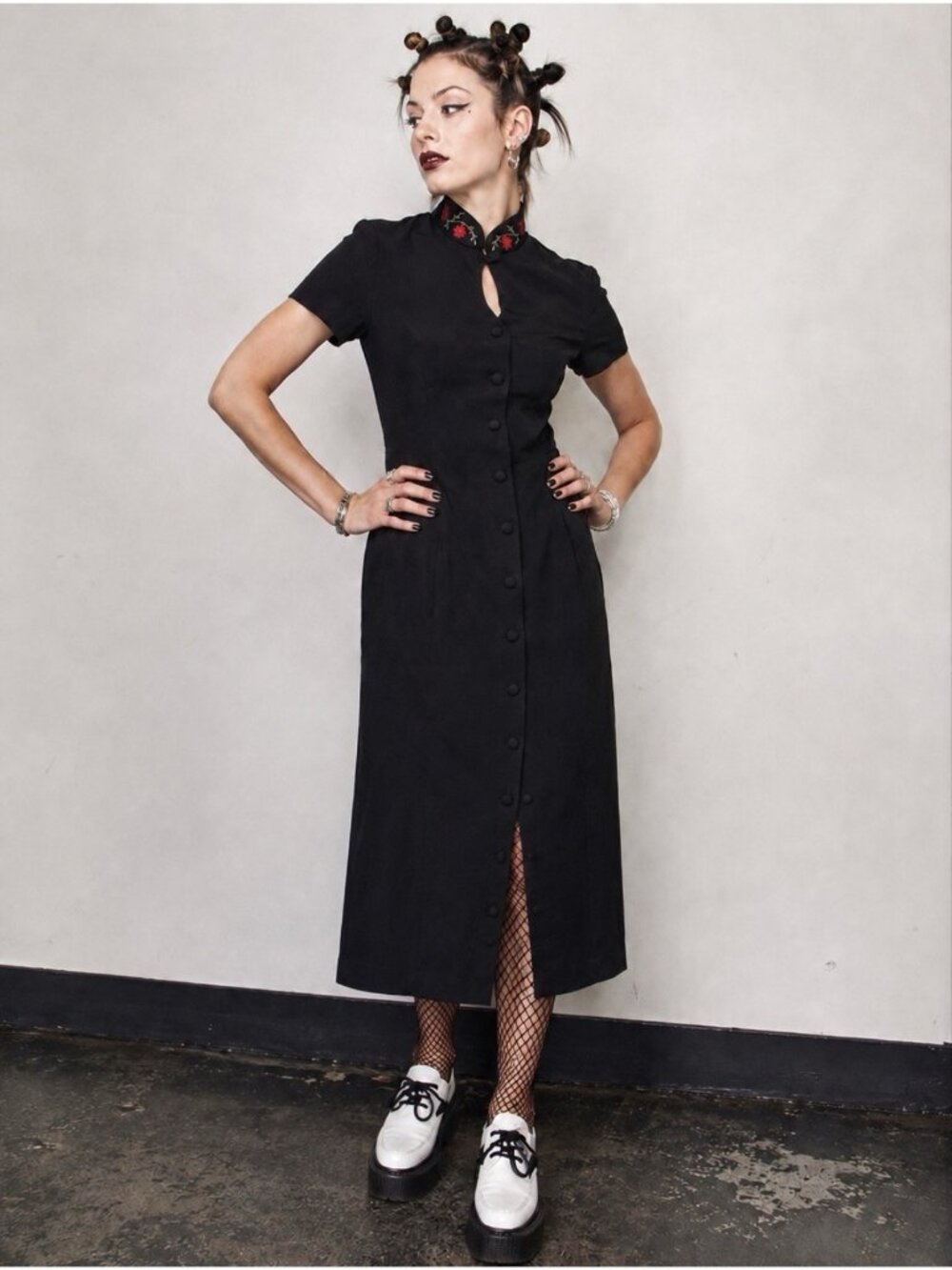 Vtg 90s Asian Inspired Dress Sz 10 Black Embroidered Asian Inspired Goth Grunge